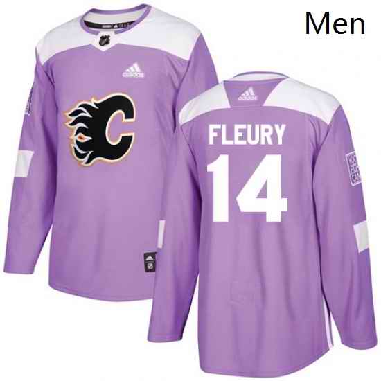 Mens Adidas Calgary Flames 14 Theoren Fleury Authentic Purple Fights Cancer Practice NHL Jersey